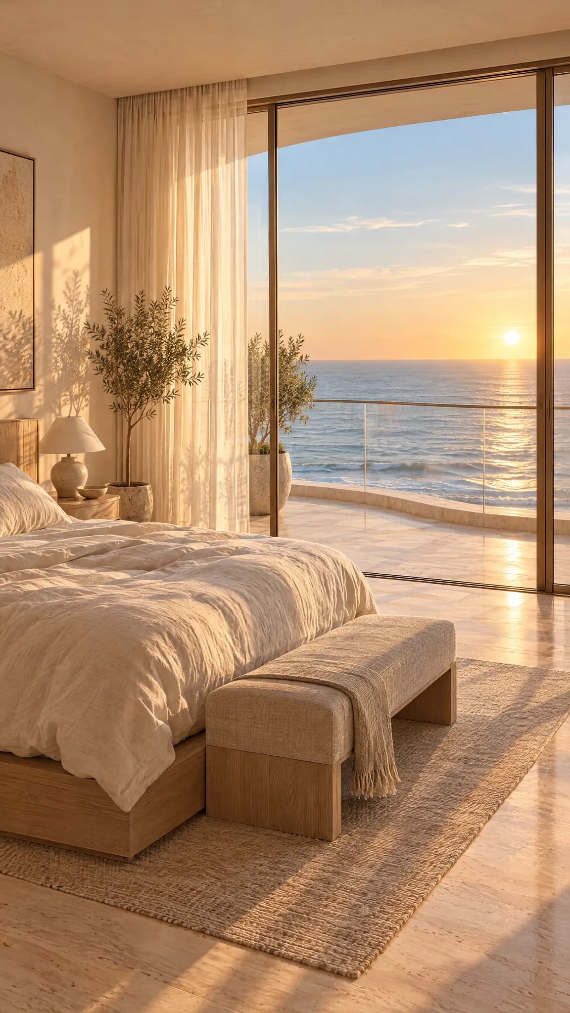 Chambre principale ouverte sur la terrasse, lumière du soir